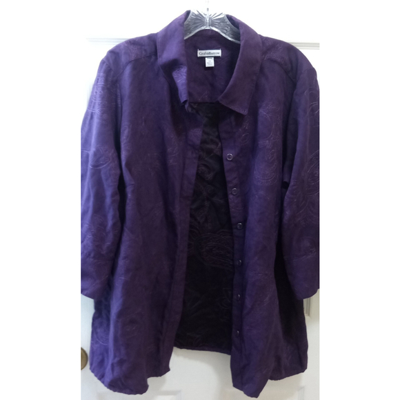 Croft & Barrow Womens Button Front Blouse Faux Suede Sz 1x Purple Soft Paisley - Picture 2 of 10